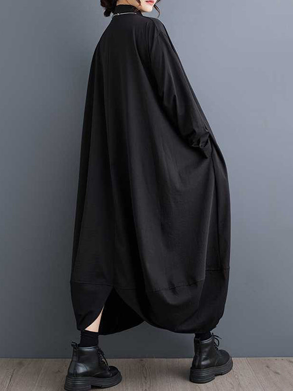 Stilvolles schwarzes A-Linien-Hemdkleid mit Revers, geknöpften Taschen, Blütenblattsaum und langen Ärmeln TW015