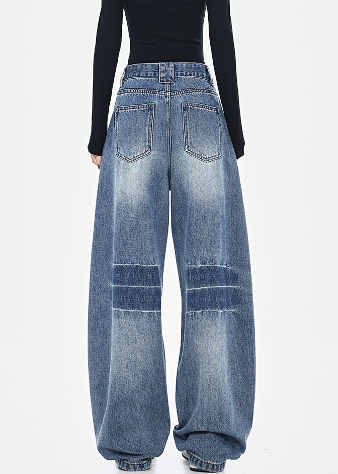 Pantalon mode poches hautes printemps bleu patchwork taille denim