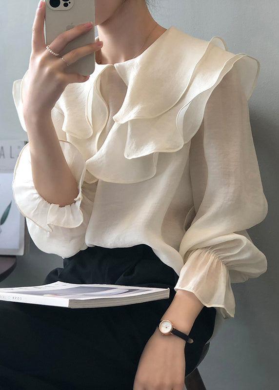 Chemise blanche en coton fin à volants et manches longues en patchwork AF1028