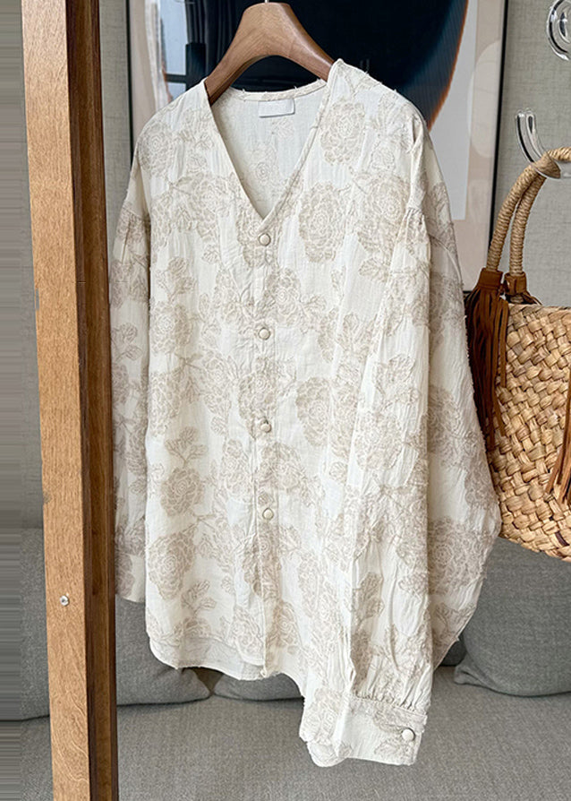 Hals Baumwolle Frühling Aprikose Knopf Jacquard V Casual Shirts