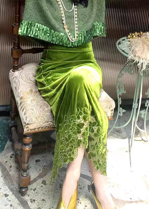 Ensemble deux pièces en tricot de coton vert ajouré et jupe longue, tendance hiver WV002