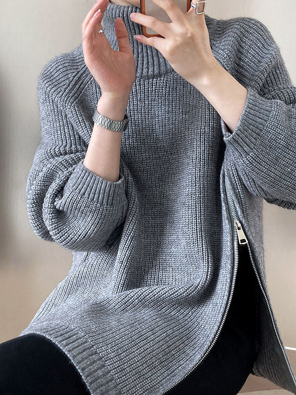 Pull gris urbain à manches longues et col licou avec fermeture éclair sur les côtés AN1033