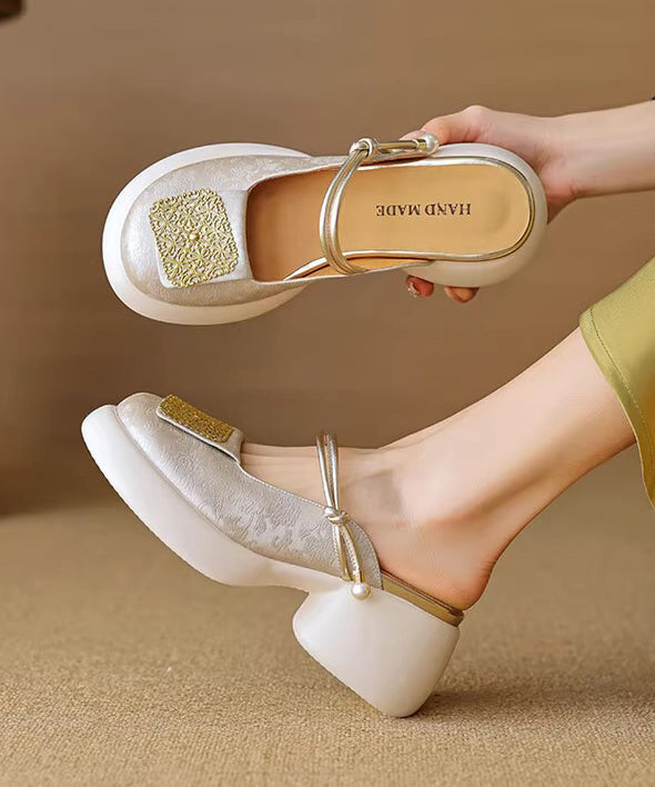 Faux Sandalen Splicing Heel Leder Chunky Apricot Slide Neu