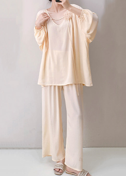 Oversized Fall Two Pajamas Apricot Cotton Set Pieces Solid V Neck