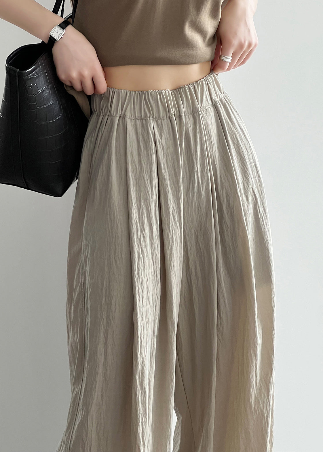 Pantalon large en coton avec poches abricot et taille élastique QE005