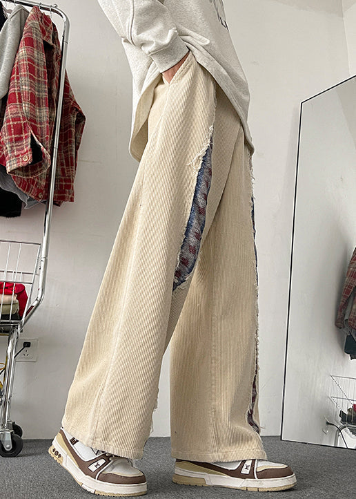 Pantalon en velours côtelé élastique à jambes larges et poches pour homme, couleur abricot, patchwork