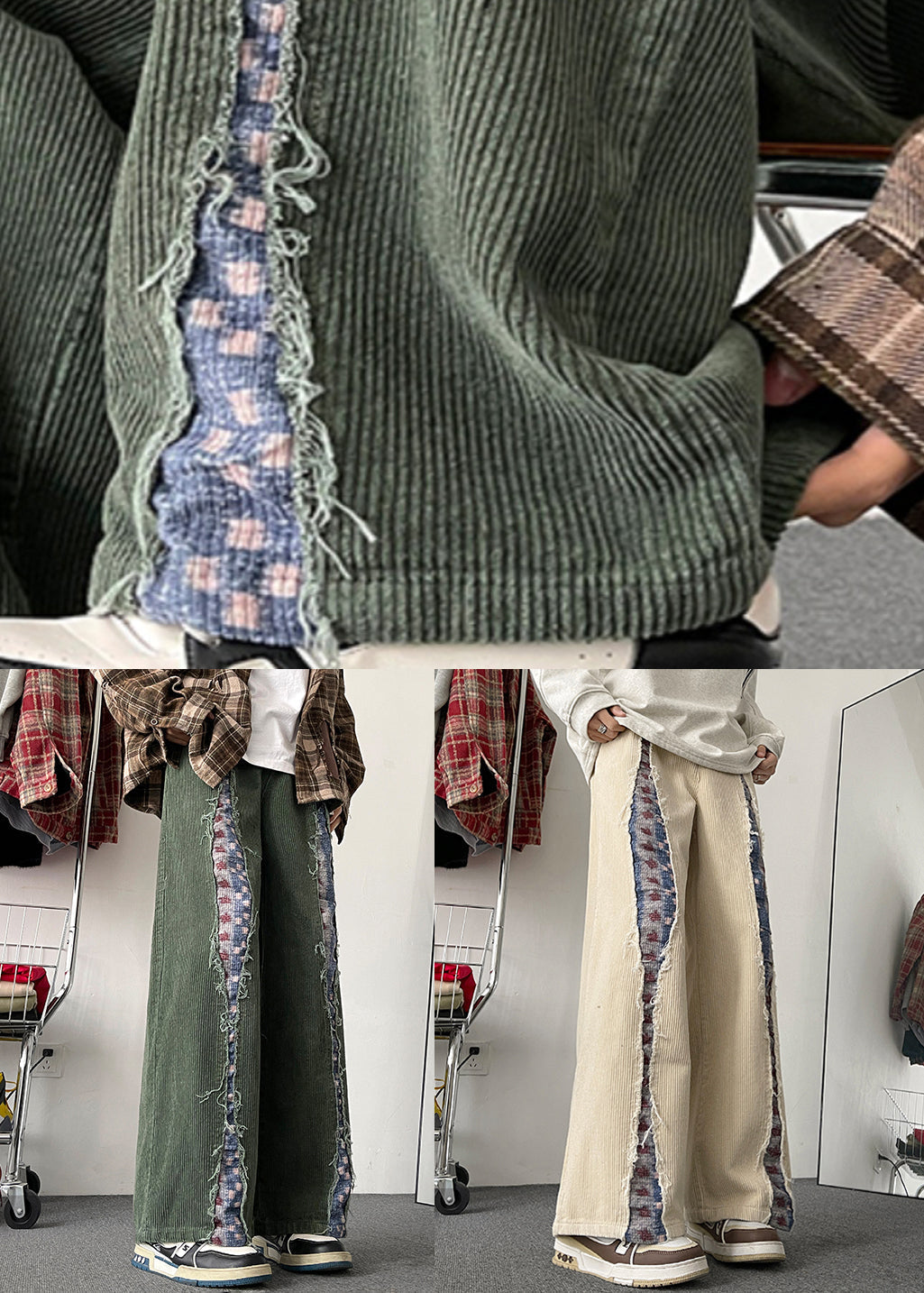 Pantalon en velours côtelé élastique à jambes larges et poches pour homme, couleur abricot, patchwork