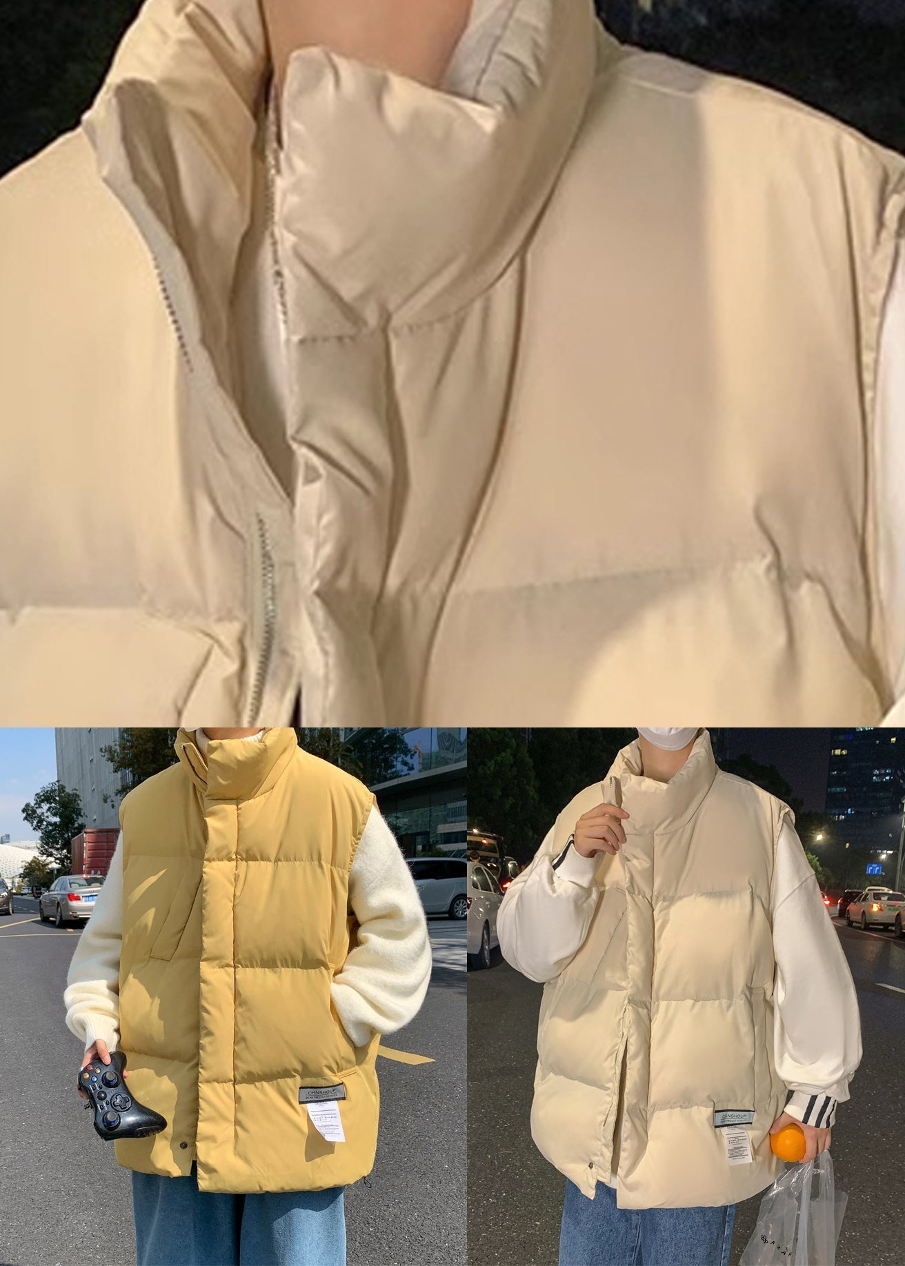 Gilet d'hiver en coton uni avec poches abricot et col montant pour homme EQ023