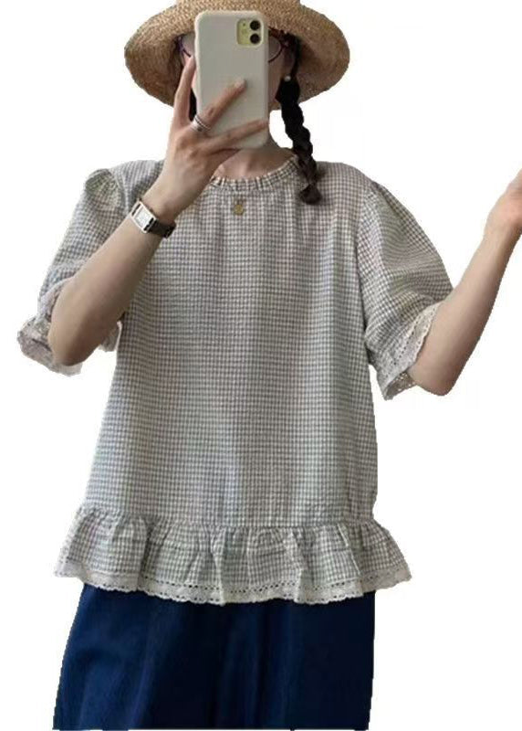 Chemise d'été en coton à carreaux et volants, abricot