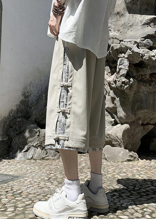 Pantalon patchwork en coton court d'été beige imprimé boutonné pour homme