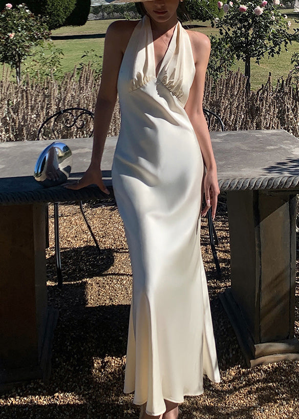 Rückenfreies Beige Hals Langes Solides Ärmelloses Kleid Art V Seide
