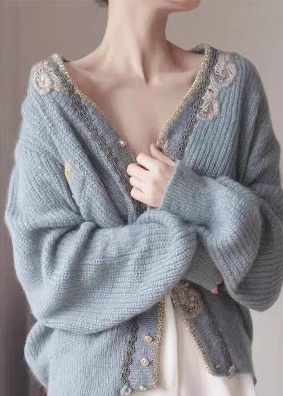 Art Blau Bestickte Knopf Strick Strickjacken Frühling TY025