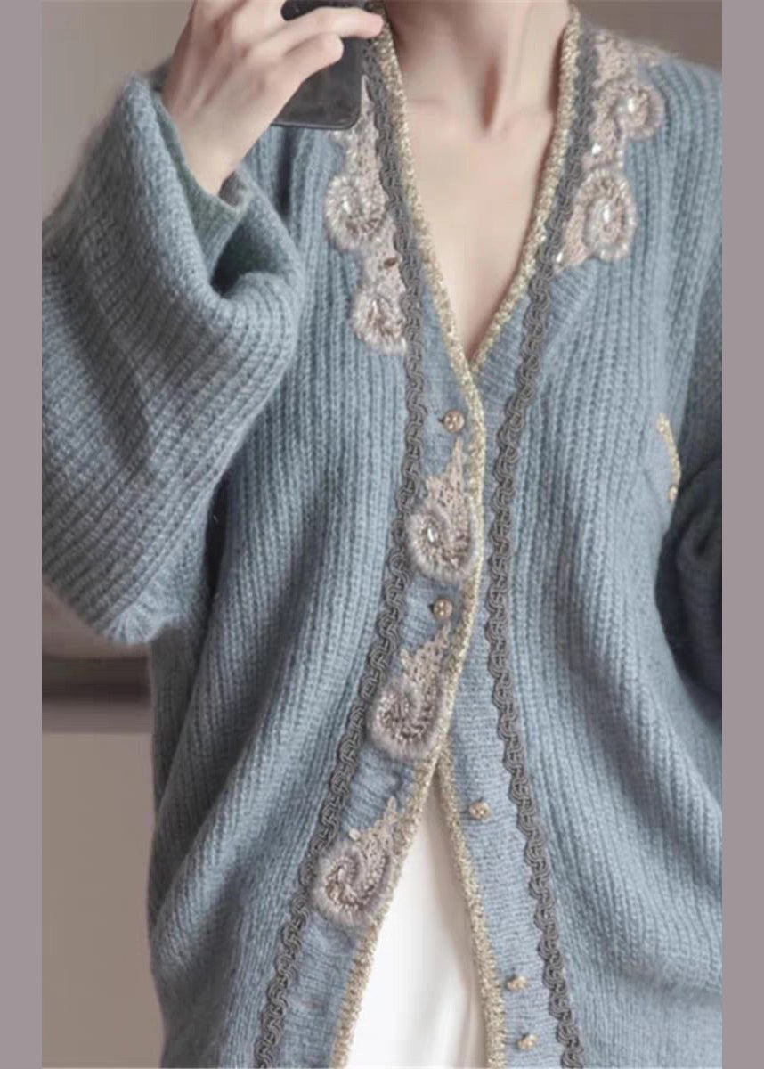 Art Blau Bestickte Knopf Strick Strickjacken Frühling TY025