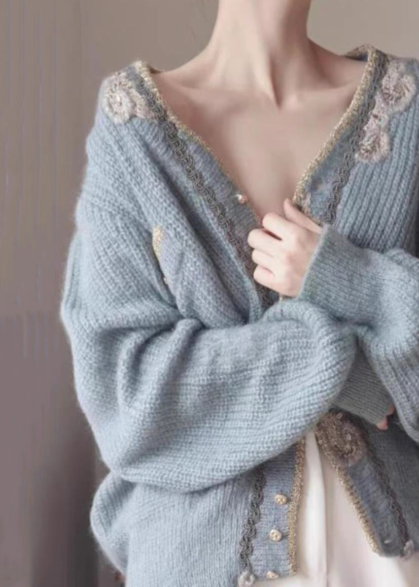 Art Blau Bestickte Knopf Strick Strickjacken Frühling TY025