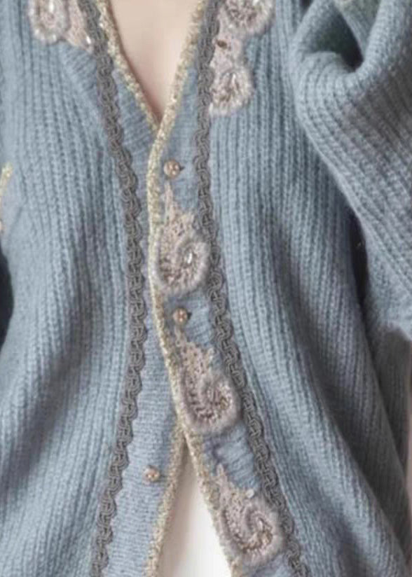 Art Blau Bestickte Knopf Strick Strickjacken Frühling TY025