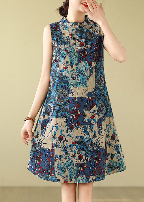 Ärmelloses Mandarinkragen-Baumwoll-Blau-Kunst-Kleid-Druck-Mitte