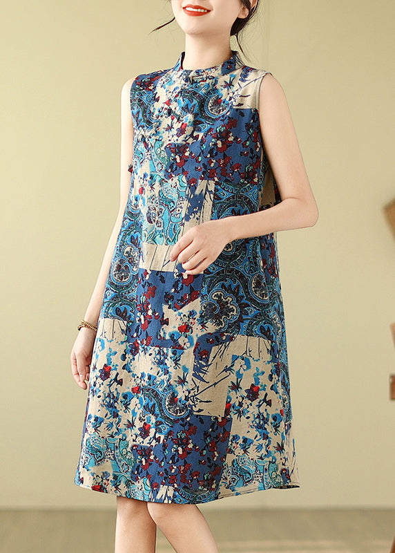 Ärmelloses Mandarinkragen-Baumwoll-Blau-Kunst-Kleid-Druck-Mitte