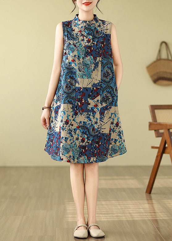Ärmelloses Mandarinkragen-Baumwoll-Blau-Kunst-Kleid-Druck-Mitte