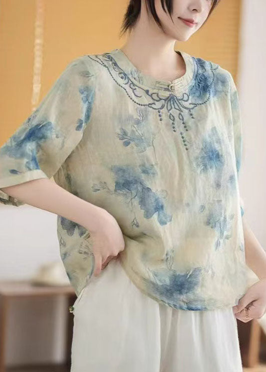 Top Mandarin Summer Print Art Linen Blue Collar