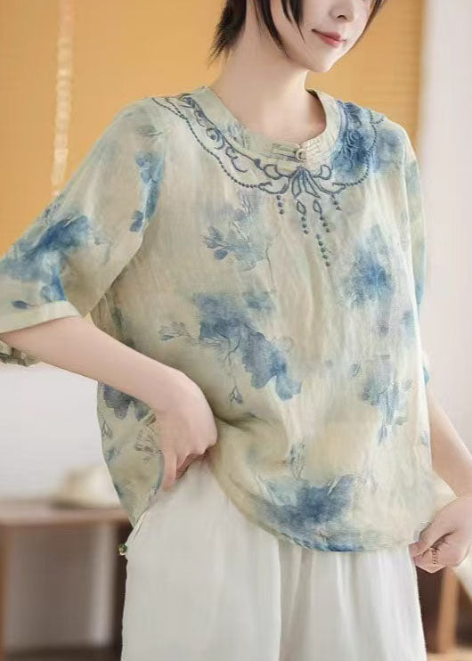 Top Mandarin Summer Print Art Linen Blue Collar