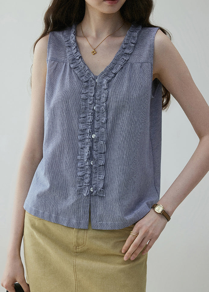 Ruffled Art Blouses Blue On Both Sides Cotton Wear Button