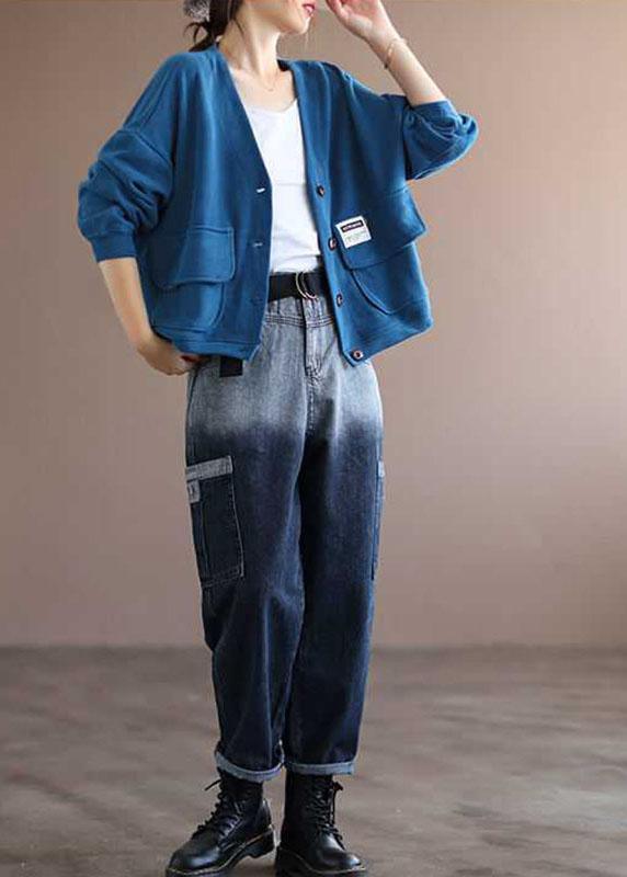 Art Blau V-Ausschnitt Taschen Knopf Herbst Langarm Mantel QS048