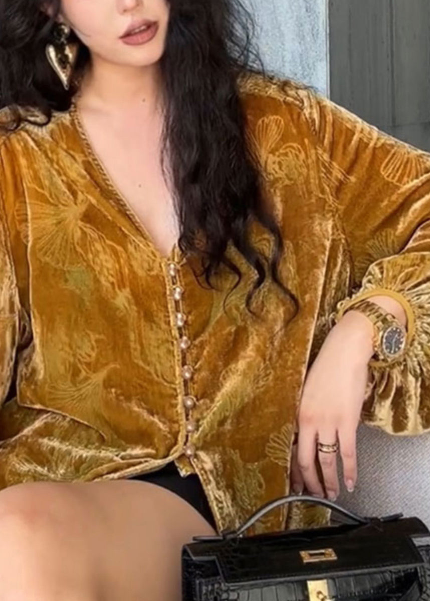 Haut en velours de soie imprimé à col en V et manches lanternes Art Brown WN039