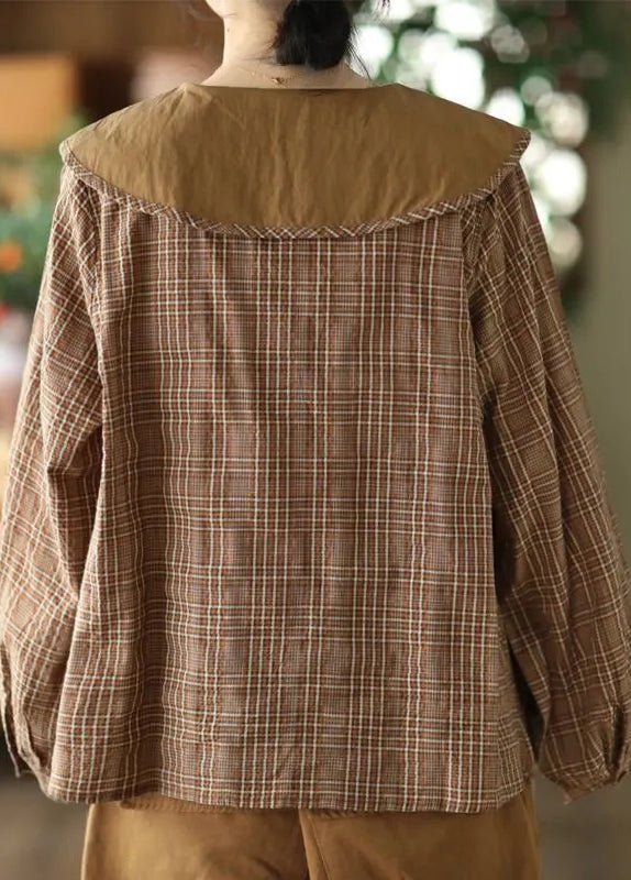 Embroidered Spring Cotton Green Blouses Art Plaid