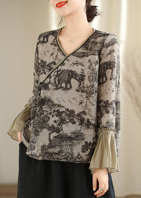 Chemise en lin à imprimé patchwork gris et manches évasées TM021