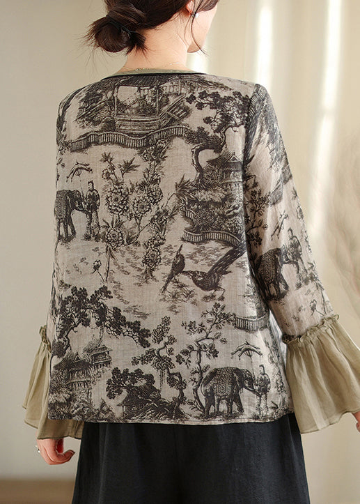 Chemise en lin à imprimé patchwork gris et manches évasées TM021