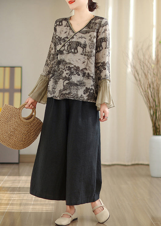 Chemise en lin à imprimé patchwork gris et manches évasées TM021