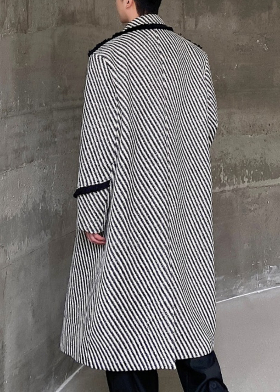 Art Grau Gestreiften Knopf Woll Herren Lange Mäntel Winter RO047