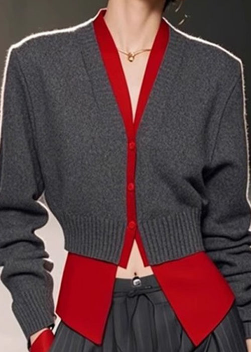 Art Pieces Strick Patchwork Pullover Frühling Hals Grau V Zwei Falsche