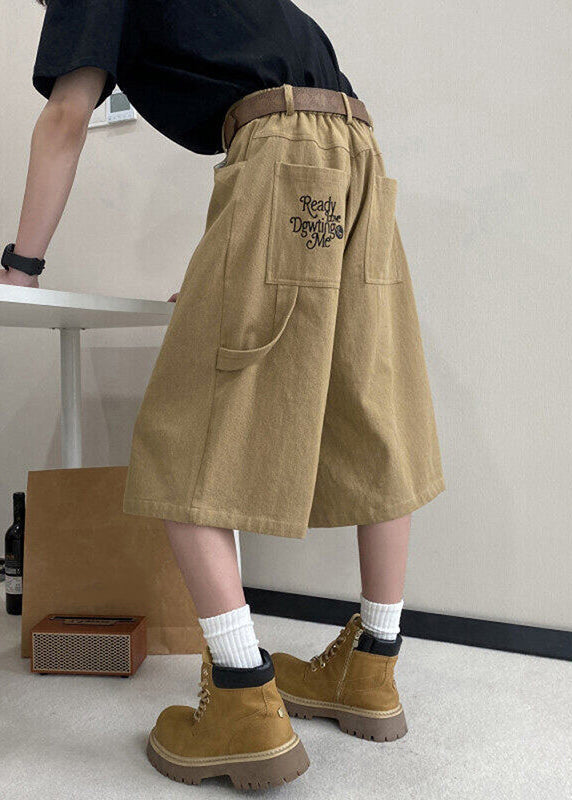 Pantalon court d'été taille haute avec poches pour homme, kaki, avec lettres