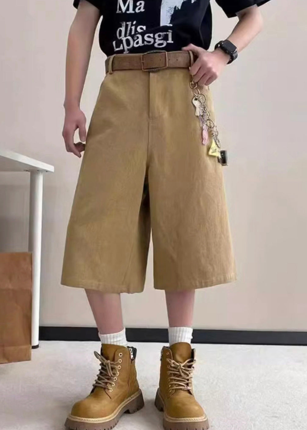Pantalon court d'été taille haute avec poches pour homme, kaki, avec lettres
