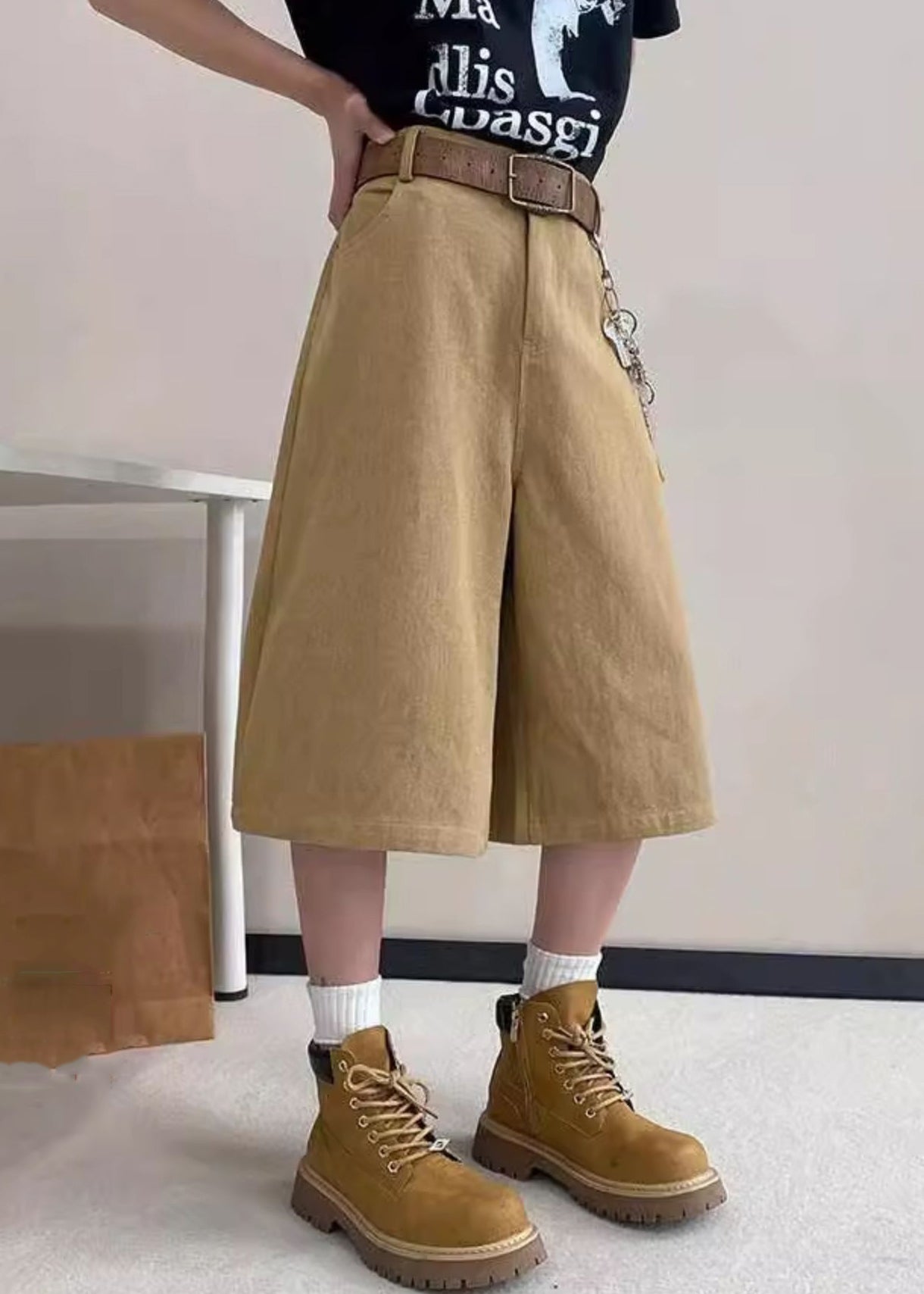 Pantalon court d'été taille haute avec poches pour homme, kaki, avec lettres
