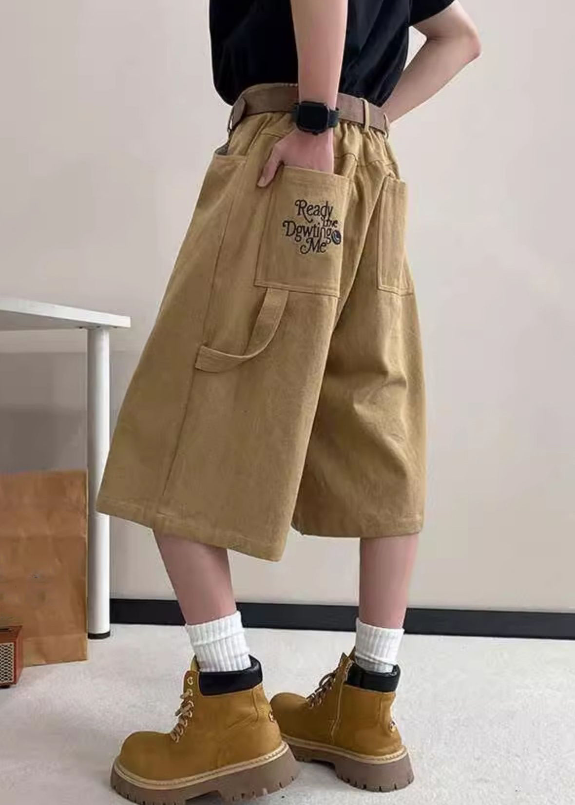 Pantalon court d'été taille haute avec poches pour homme, kaki, avec lettres