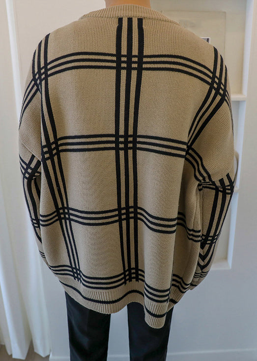 Cardigans à carreaux boutonnés en tricot kaki pour homme