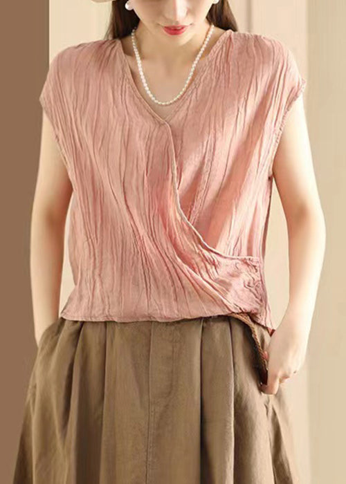 Wrinkled Neck Art Ärmelloses V Khaki T-Shirt Baumwolle