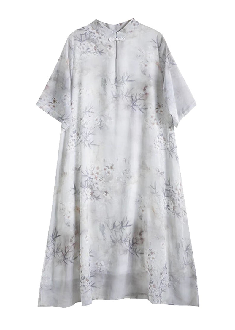 Art Mandarin Collar Bamboo Print Chiffon Dress Summer TM024