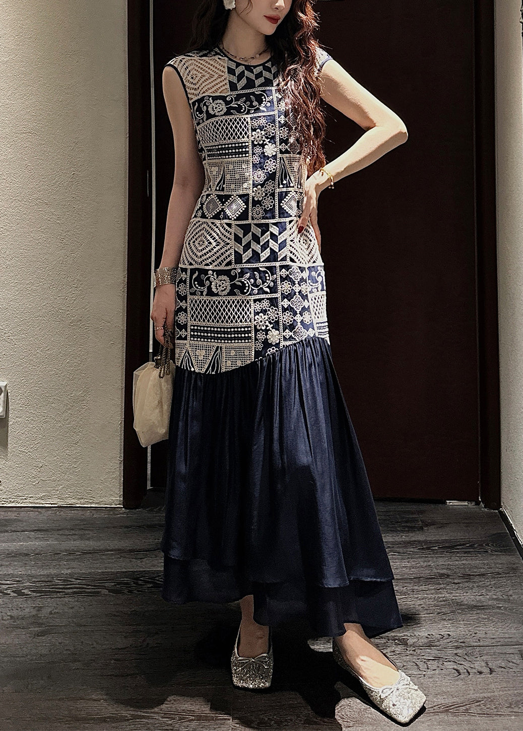 Dress Long Neck O Wrinkled Navy Patchwork Out Cotton Art Hollow