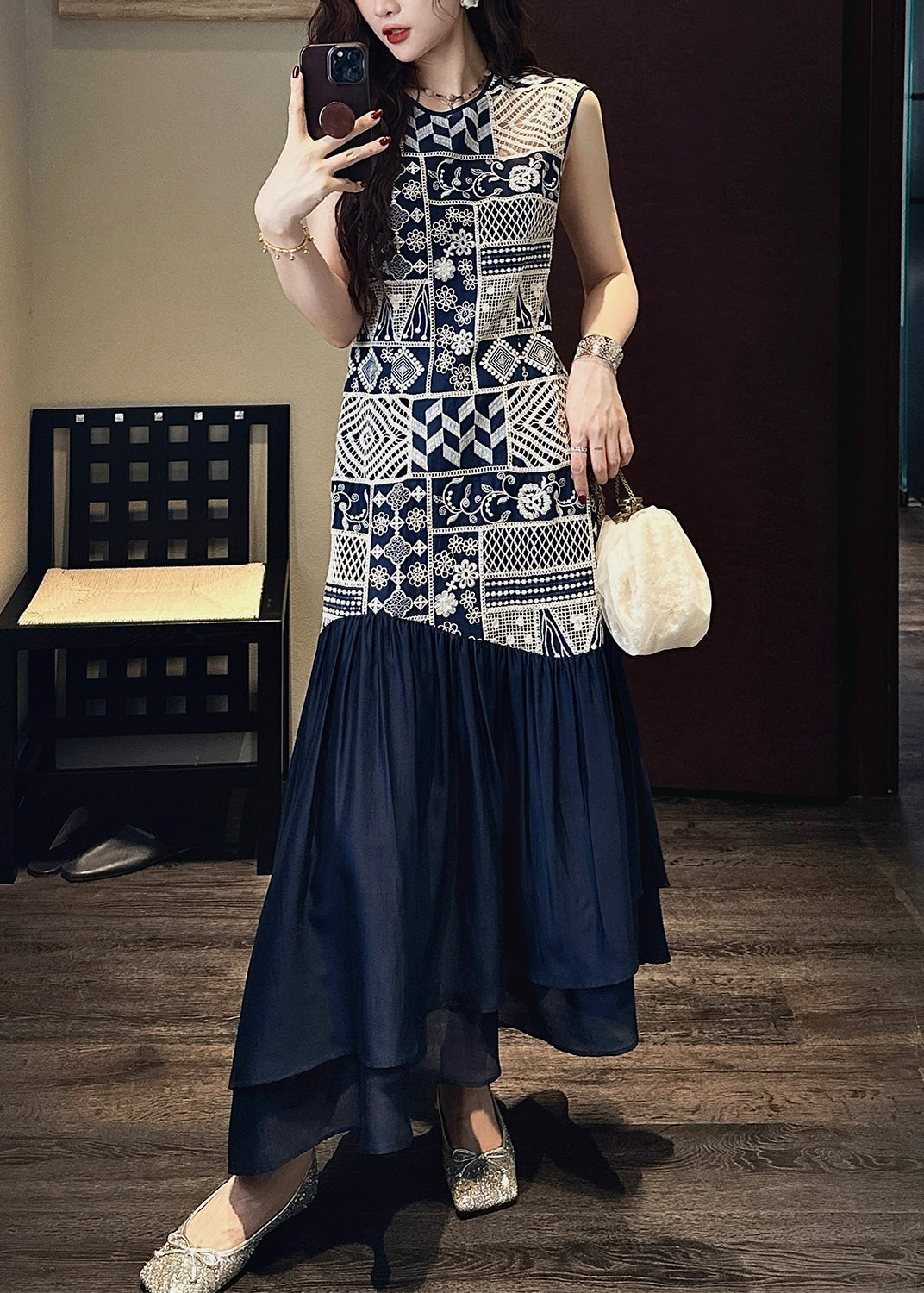 Dress Long Neck O Wrinkled Navy Patchwork Out Cotton Art Hollow