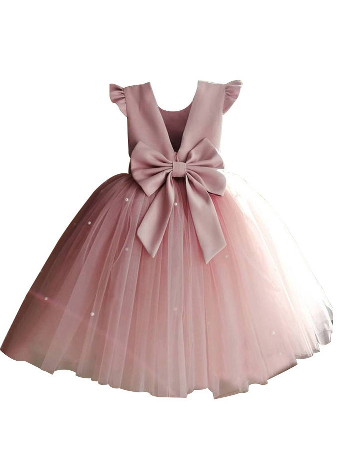 Art Pink Cute Pink Tulle Patchwork Pearl Girls Long Dresses Summer YS033
