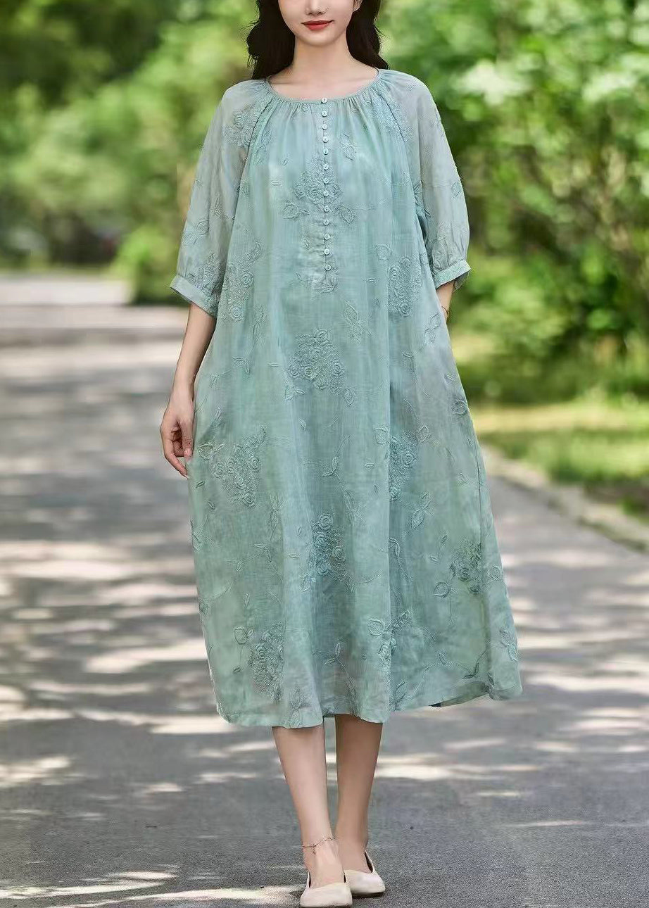 Rosa Kunst Ärmel lange Leinen Kleid Knopf Halbtaschen bestickt