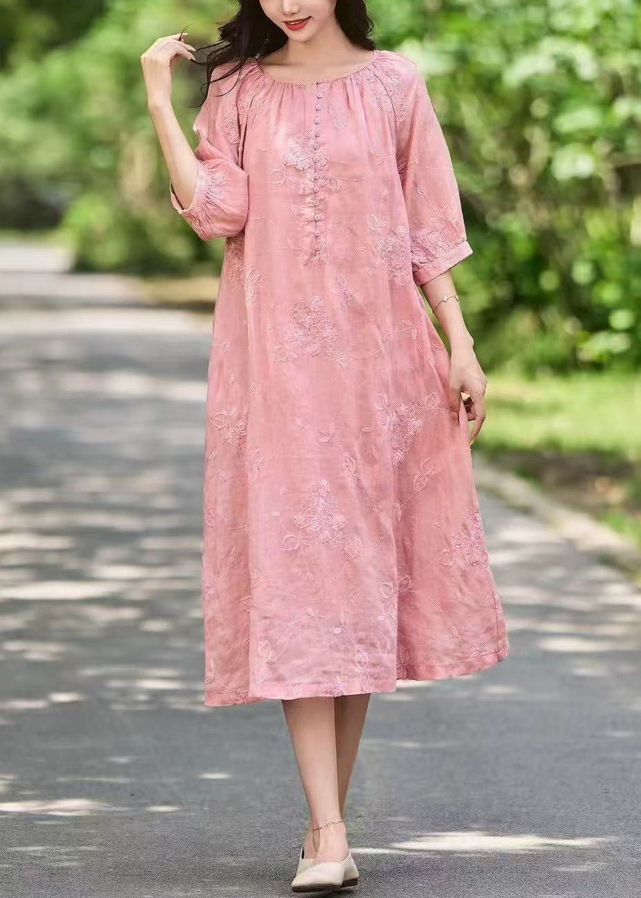 Rosa Kunst Ärmel lange Leinen Kleid Knopf Halbtaschen bestickt