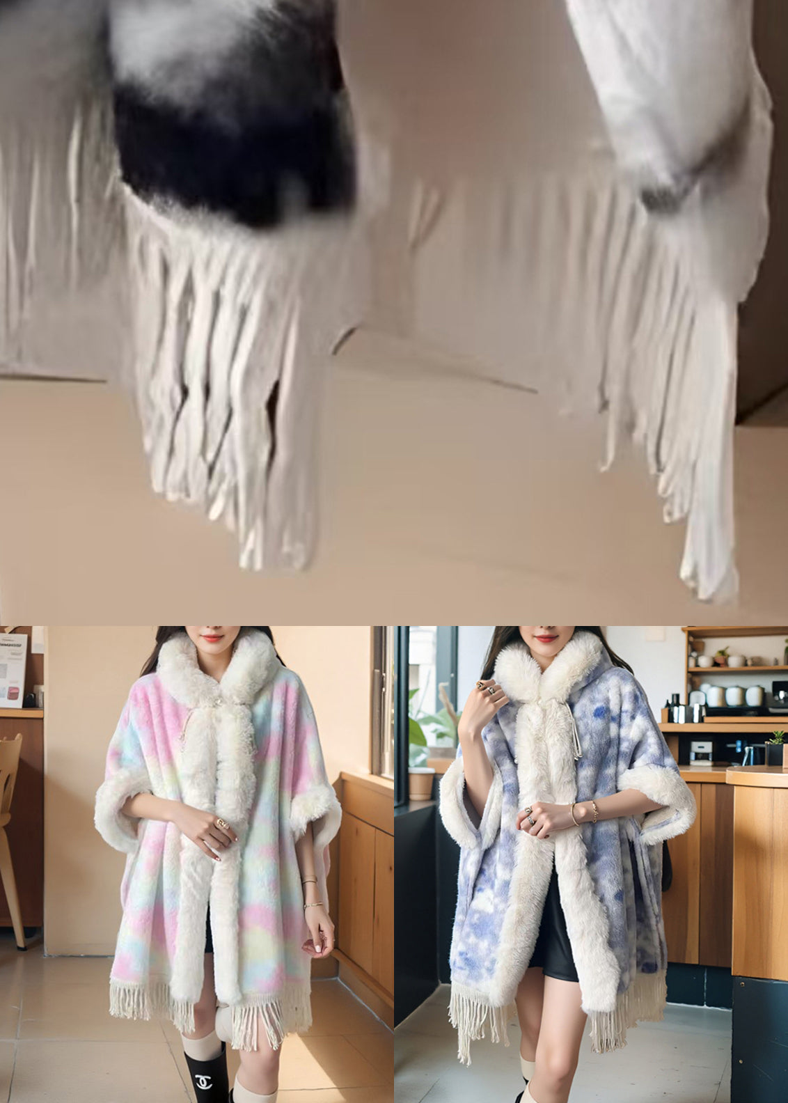 Art Rosa Pelzkragen Quaste Warm Fleece Cape Mantel Winter RC002