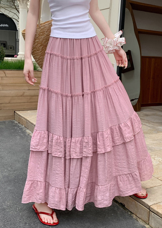 Ruffled Skirts Art Waist Elastic Summer Pink Cotton
