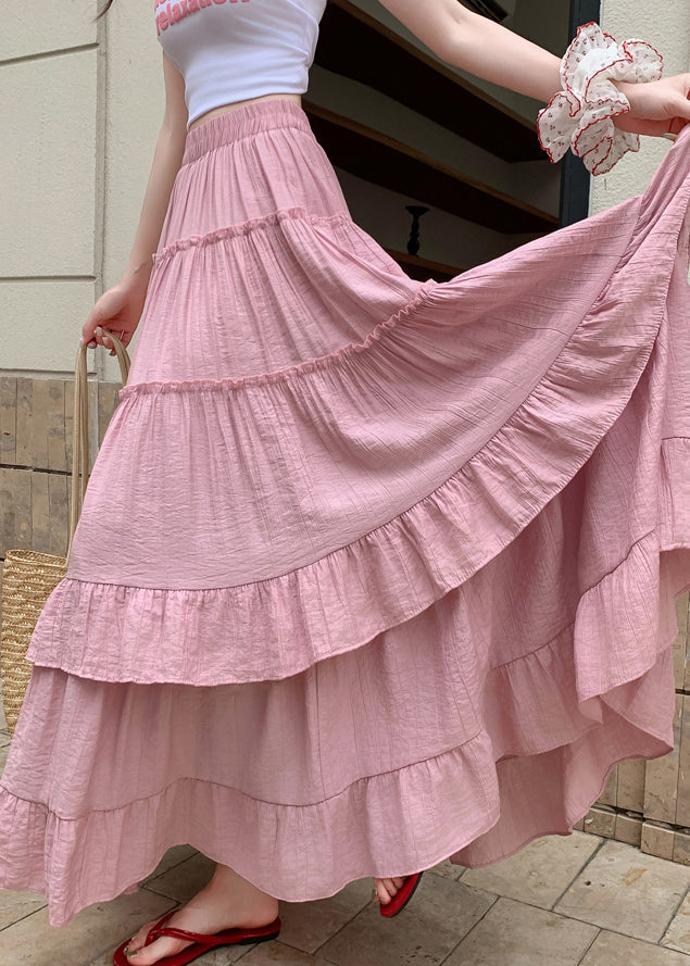 Ruffled Skirts Art Waist Elastic Summer Pink Cotton