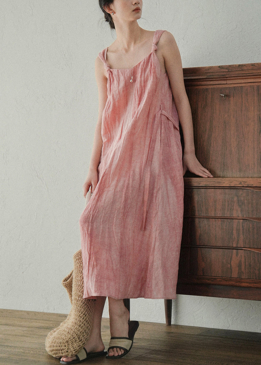 Art On Pink Sides Linen Waist Both Tie Wear Dress Spaghetti Strap