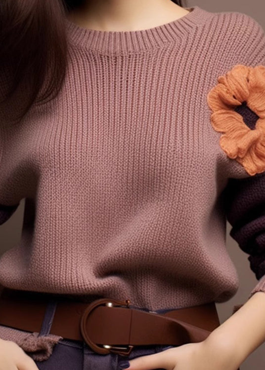 Pull en tricot patchwork confortable à col rond violet Art Hiver WX017